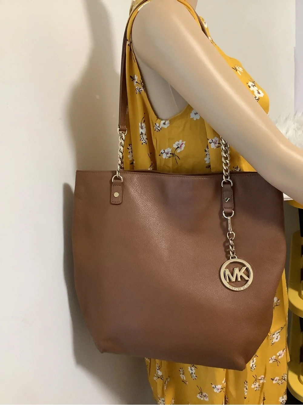 Michael Kors Brown Leather Tote with Gold MK Charm